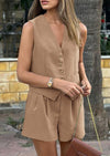 PRETTYGARDEN Women's Summer 2 Piece Outfits Sleeveless Matching Sets Button Down V Neck Vest Waistcoat and Pockets Shorts