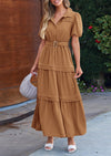 PRETTYGARDEN Women's Summer Maxi Dress Puff Short Sleeve Lapel V Neck Tiered A Line Flowy Elegant Party Dresses with Belt