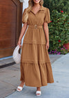 PRETTYGARDEN Women's Summer Maxi Dress Puff Short Sleeve Lapel V Neck Tiered A Line Flowy Elegant Party Dresses with Belt