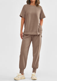Casual Short Sleeve Tops High Waisted Sweatpants Two Piece Sets