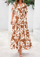 Bohemian Print V-Neck Short Sleeved Ruffled Vacation Maxi Dress