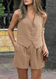 Button Down V Neck Vest Sleeveless Tops And Pockets Shorts 2 Piece Suits Sets