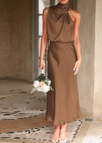 Satin sleeveless stand up collar party long dress