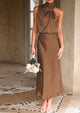 Satin sleeveless stand up collar party long dress