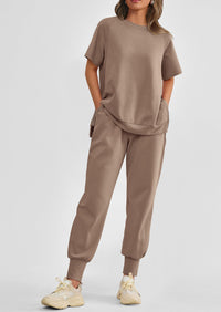 Casual Short Sleeve Tops High Waisted Sweatpants Two Piece Sets