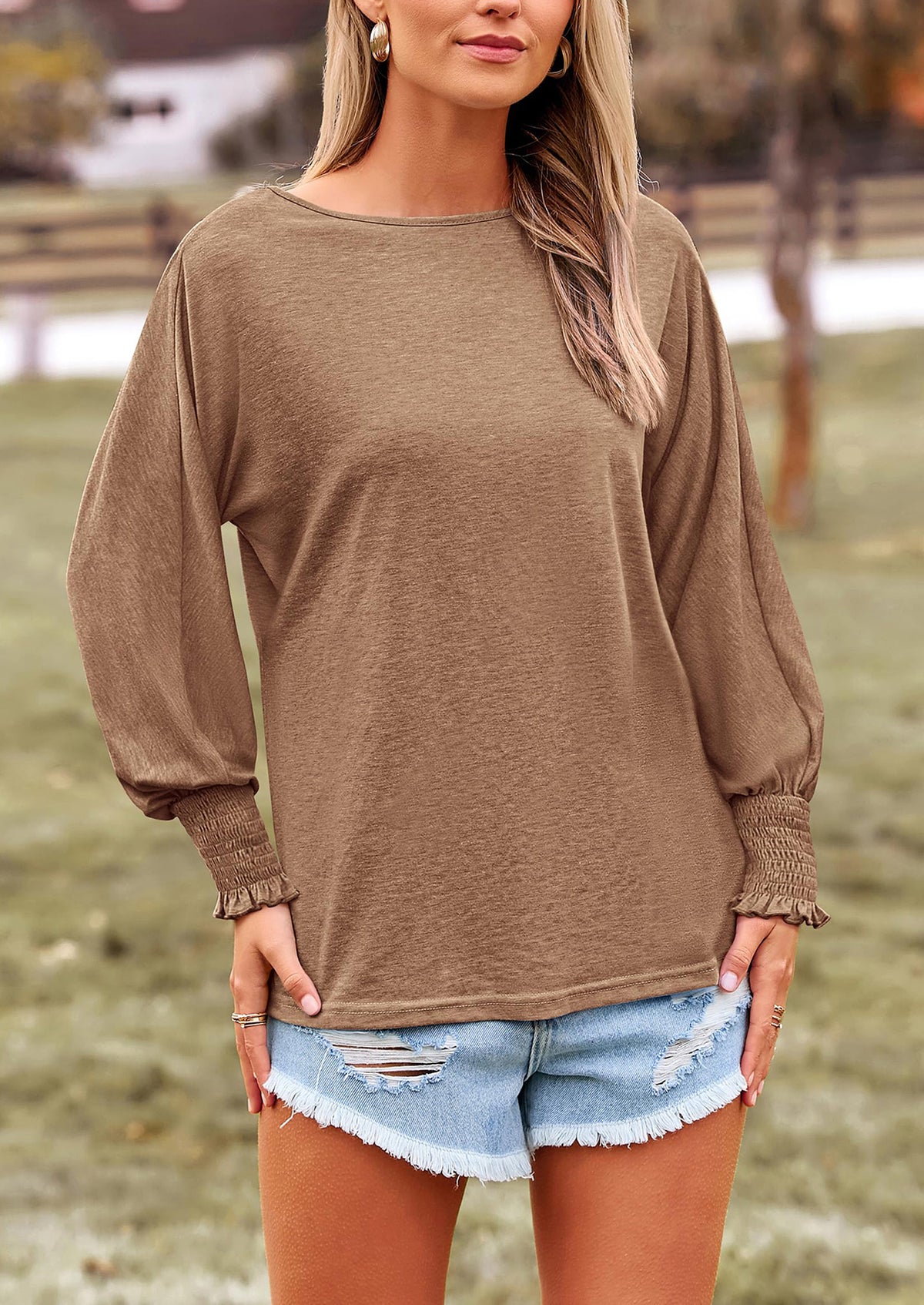 Puff Long Sleeve Crew neck Casual Basic T-shirts