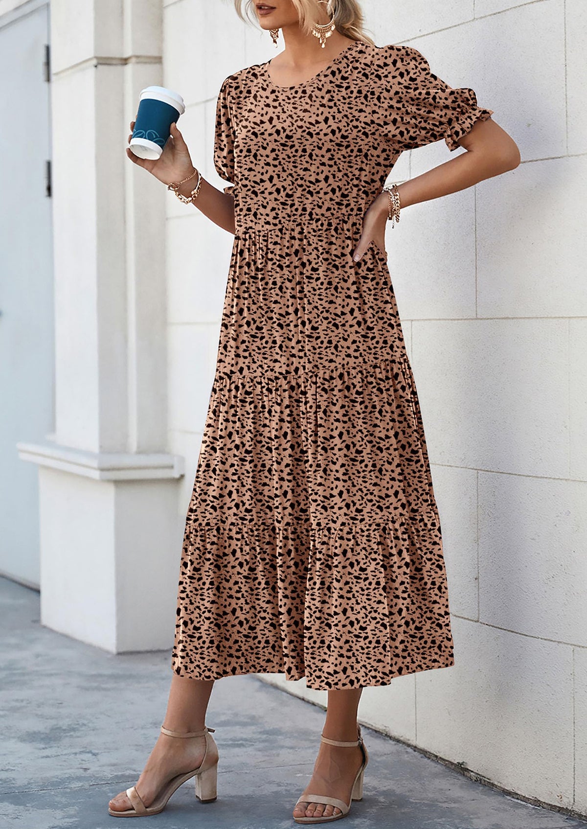 Casual Boho Floral Print Ruffle Puff Short Sleeve Flowy Beach Party Midi Dresses