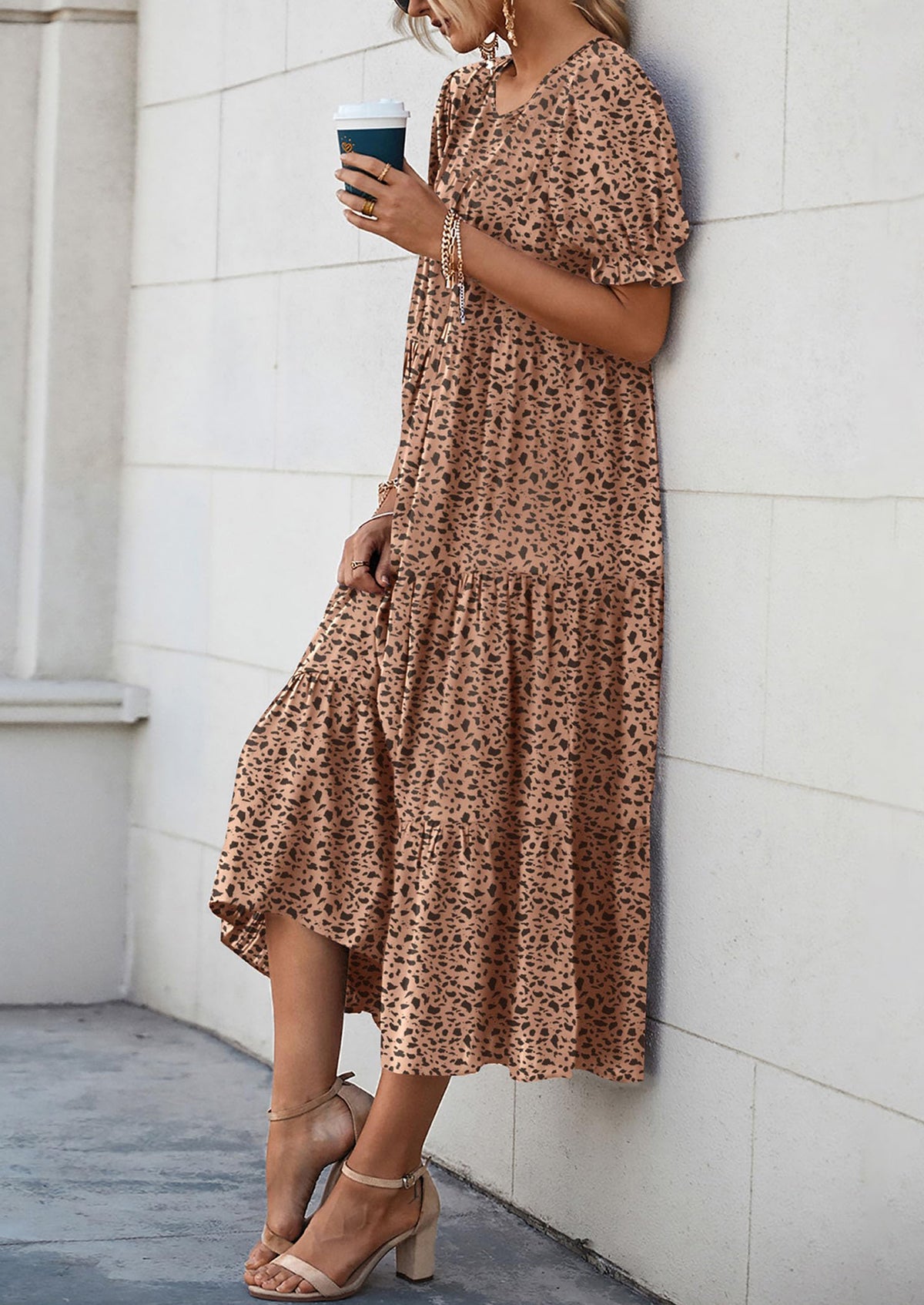 Casual Boho Floral Print Ruffle Puff Short Sleeve Flowy Beach Party Midi Dresses