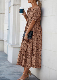 Casual Boho Floral Print Ruffle Puff Short Sleeve Flowy Beach Party Midi Dresses