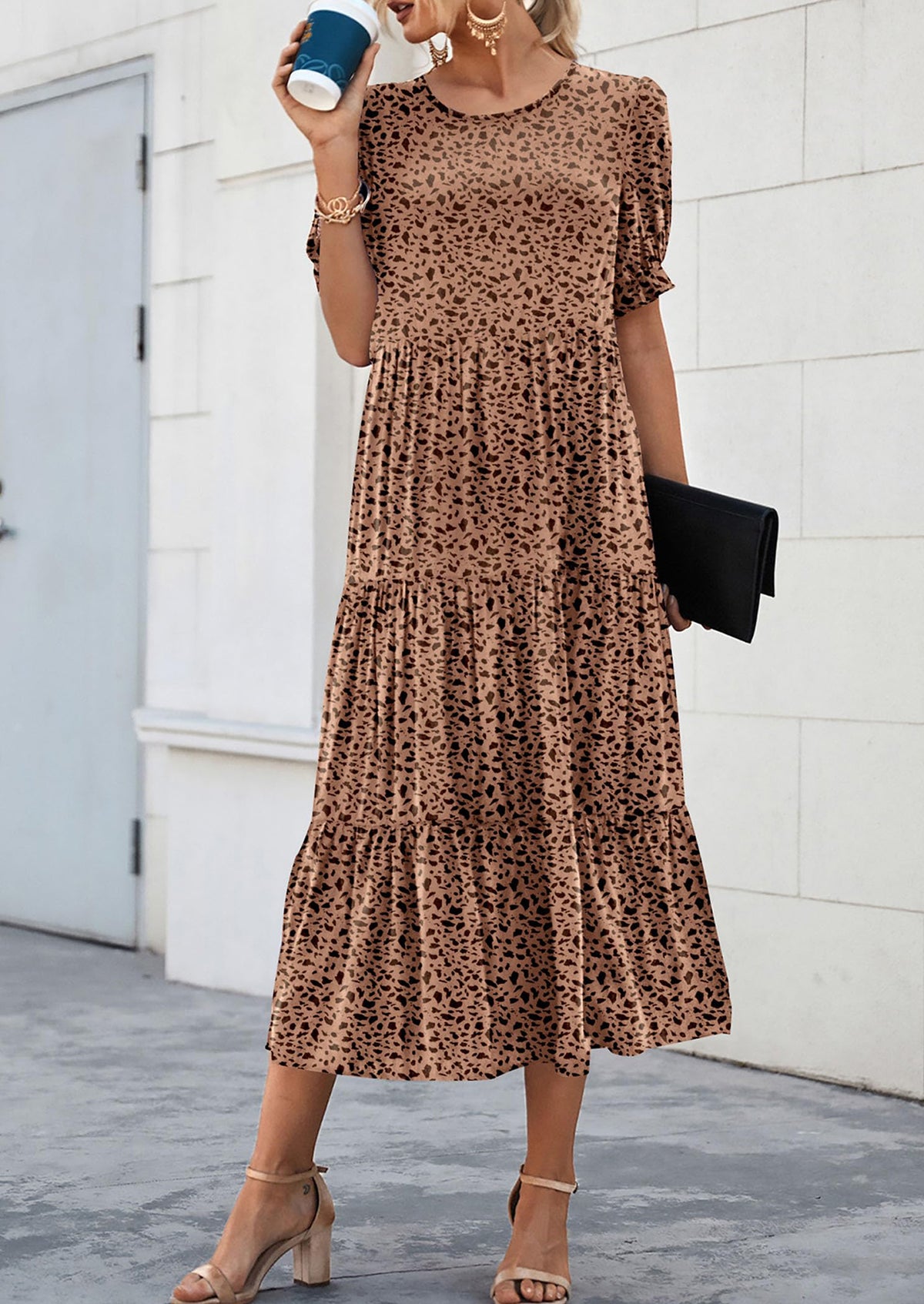 Casual Boho Floral Print Ruffle Puff Short Sleeve Flowy Beach Party Midi Dresses