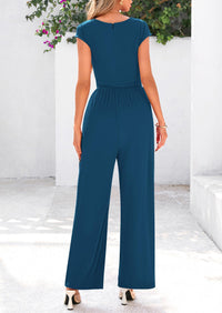 Dressy Ribbed Cap Sleeve Wide Leg Pants Elegant Casual Jumpsuits