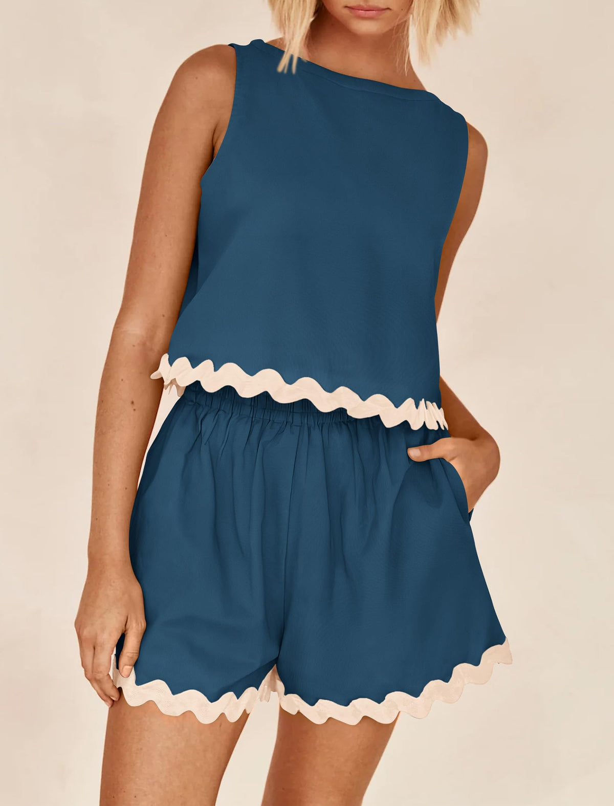 Beach Vacation Cropped Tank Top High Waist Shorts Two Piece Set