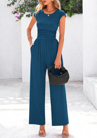 Dressy Ribbed Cap Sleeve Wide Leg Pants Elegant Casual Jumpsuits