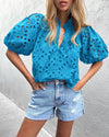 PRETTYGARDEN Women's Summer Short Sleeve Tops 2025 Dressy Casual Buttons V Neck Hollow Out Lace Embroidered Blouses Shirts