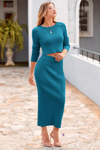 PRETTYGARDEN Women's Spring Fall 2 Piece Sweater Set Rib Knit Long Sleeve Crop Top Maxi Bodycon Skirt Casual Winter Outfits PRETTYGARDEN