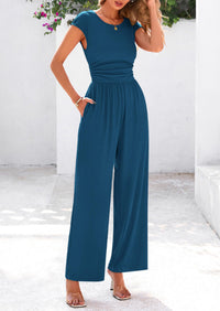 Dressy Ribbed Cap Sleeve Wide Leg Pants Elegant Casual Jumpsuits