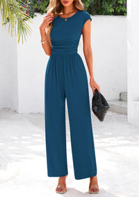 Dressy Ribbed Cap Sleeve Wide Leg Pants Elegant Casual Jumpsuits