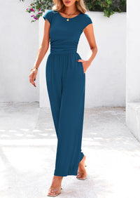 Dressy Ribbed Cap Sleeve Wide Leg Pants Elegant Casual Jumpsuits