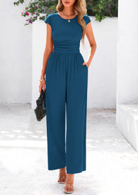 Dressy Ribbed Cap Sleeve Wide Leg Pants Elegant Casual Jumpsuits