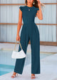 Casual Ruffle Cap Sleeves Crew Neck Rib Knit Jumpsuits