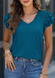 Casual Ruffle Short Sleeve V Neck T-shirts