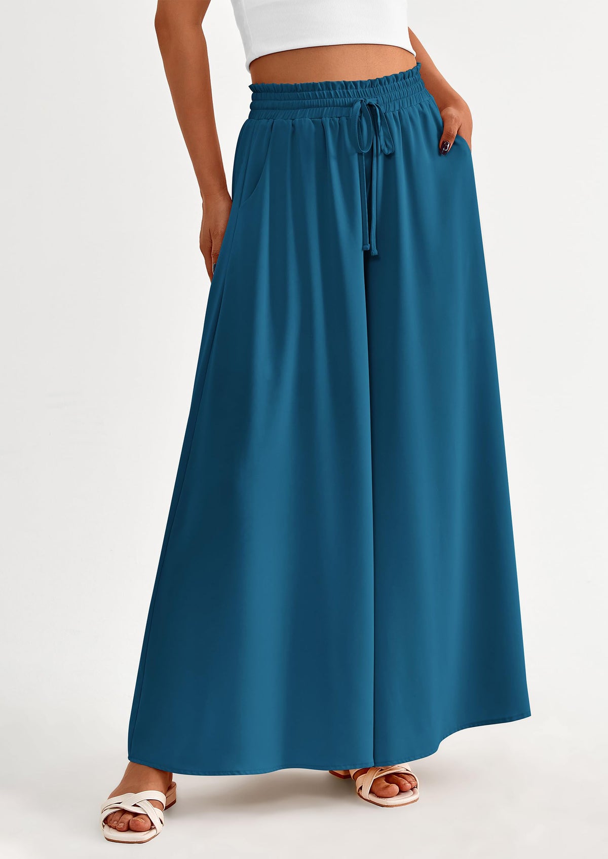 Wide Leg High Waisted Flowy Pockets Palazzo Pants