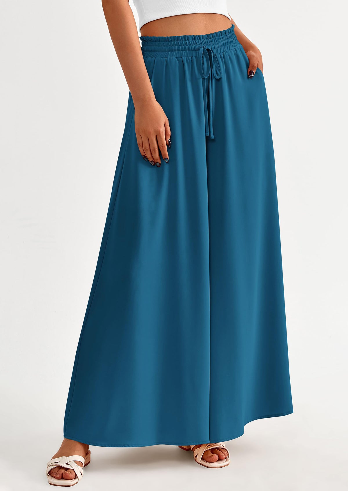 Wide Leg High Waisted Flowy Pockets Palazzo Pants