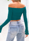 PRETTYGARDEN Off The Shoulder Tops for Women Trendy Ruched Mesh Slim Fit Long Sleeve Shirts Y2K Going Out Summer Outfits