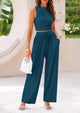 Ribbed Knit Sleeveless Crop Tank Tops Wide Leg Casual Pants Two Piece Sets