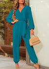 PRETTYGARDEN Women's Fall Jumpsuits Dressy Casual Pants Romper Spring Long Sleeve V Neck Belt Pockets One Piece Outfits