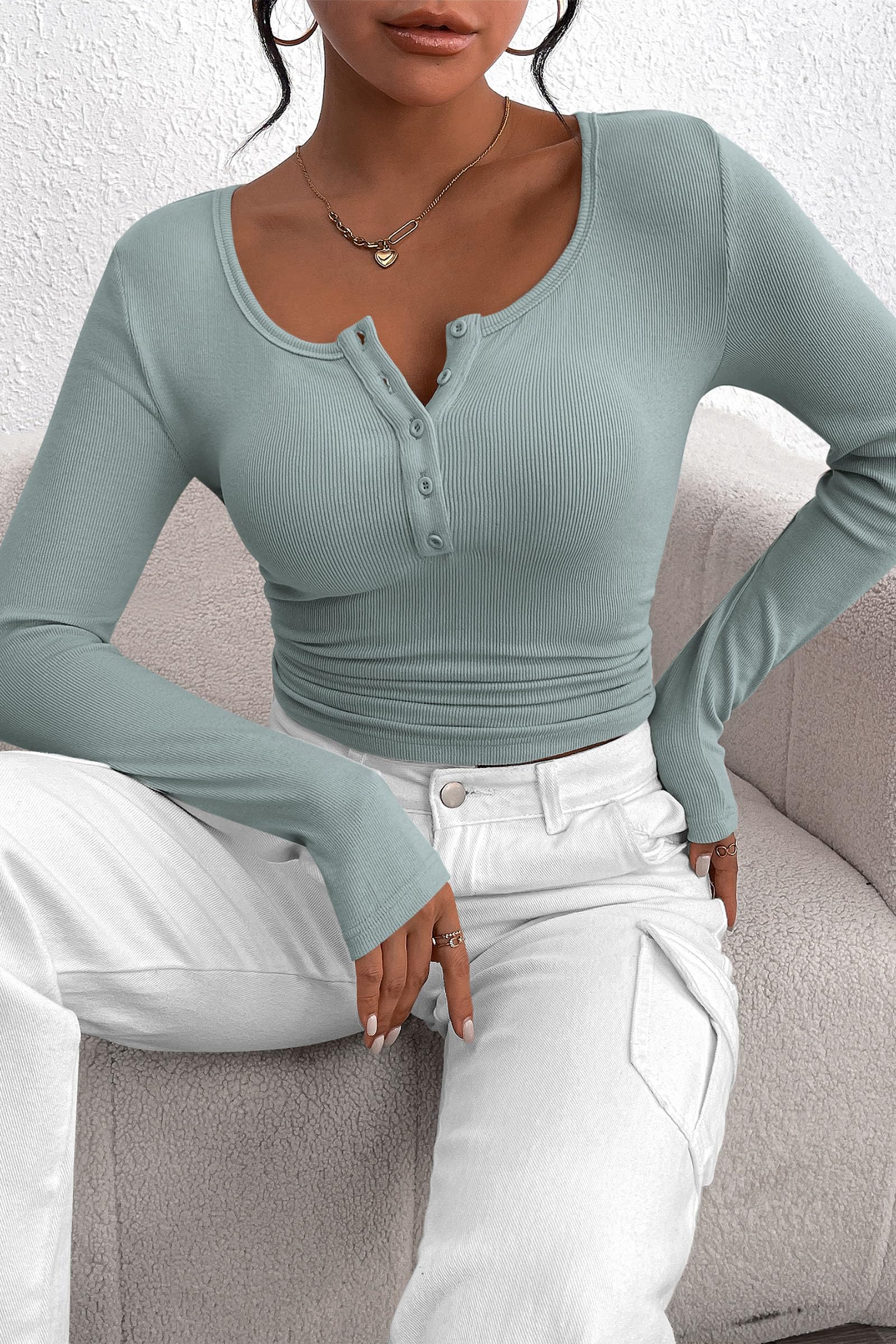 PRETTYGARDEN Women's Spring Fall Long Sleeve Henley T Shirts Button Ribbed Knit Slim Fit Casual Basic Tops Blouse