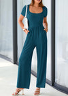 PRETTYGARDEN Casual Short Sleeve Square Neck Wide Leg Jumpsuit Rompers