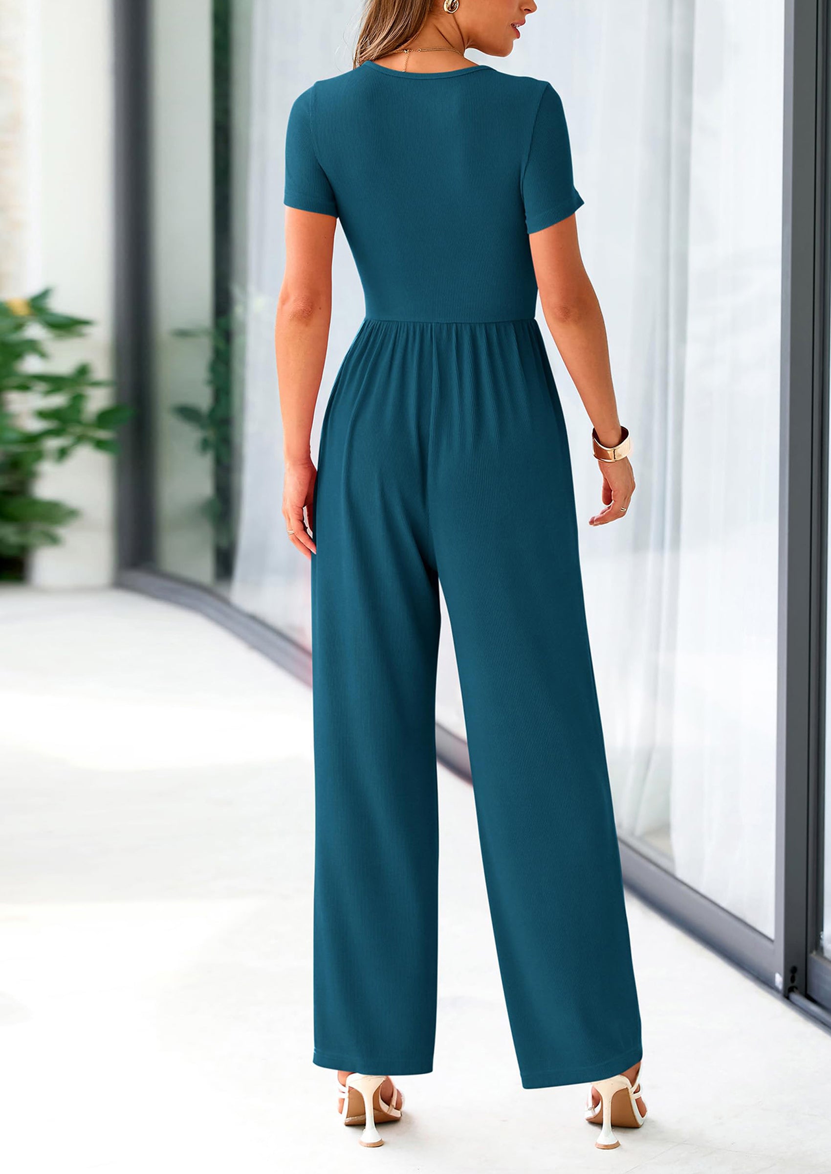 PRETTYGARDEN Casual Short Sleeve Square Neck Wide Leg Jumpsuit Rompers