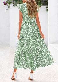 Floral Cap Sleeve V Neck Ruffle Flowy Boho Casual Beach Vacation Midi Dress