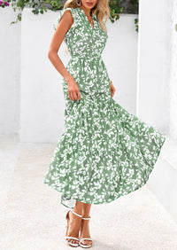 Floral Cap Sleeve V Neck Ruffle Flowy Boho Casual Beach Vacation Midi Dress