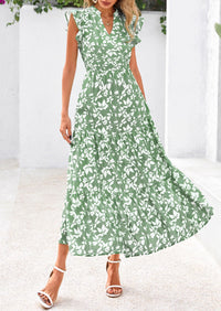 Floral Cap Sleeve V Neck Ruffle Flowy Boho Casual Beach Vacation Midi Dress