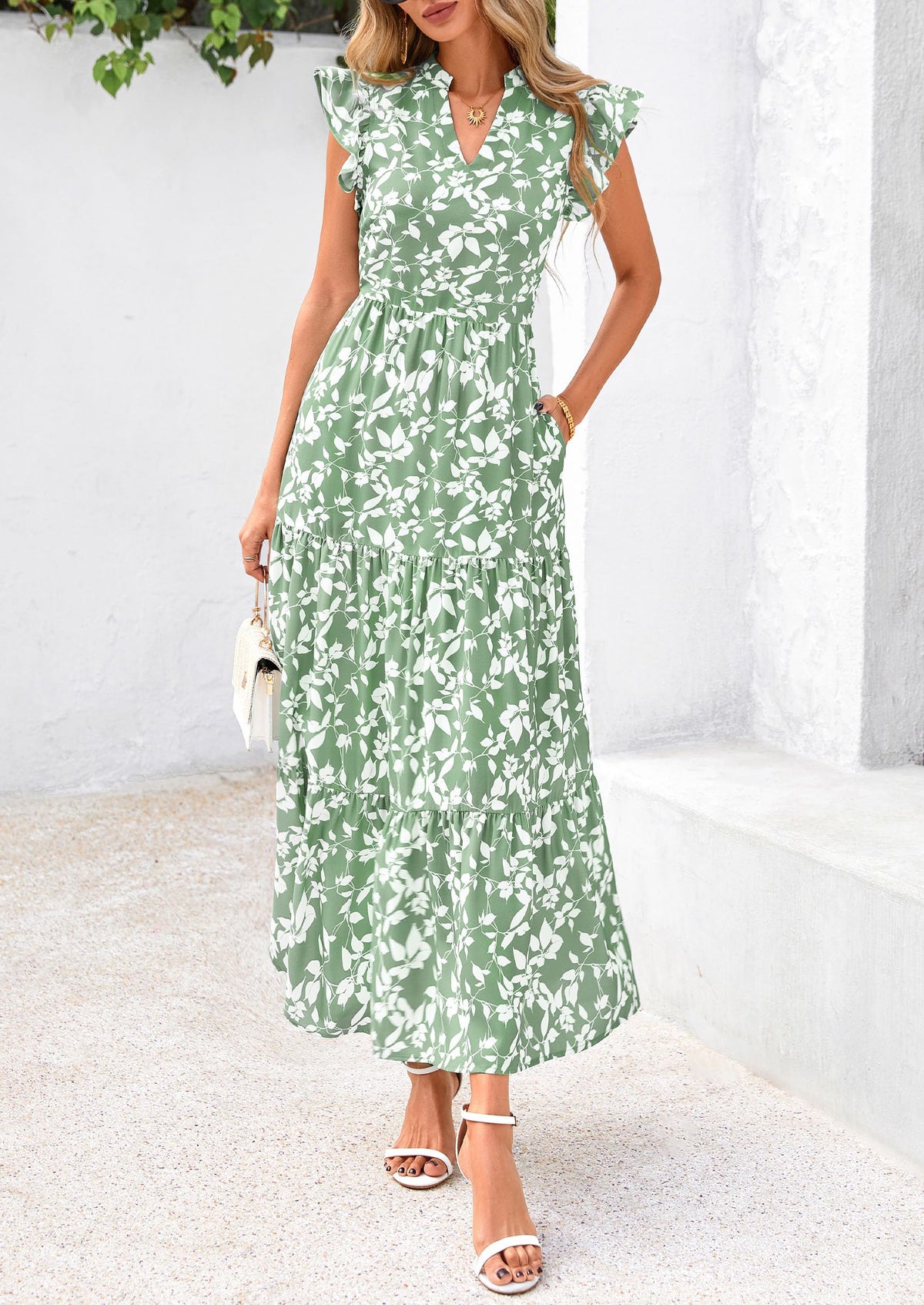Floral Cap Sleeve V Neck Ruffle Flowy Boho Casual Beach Vacation Midi Dress