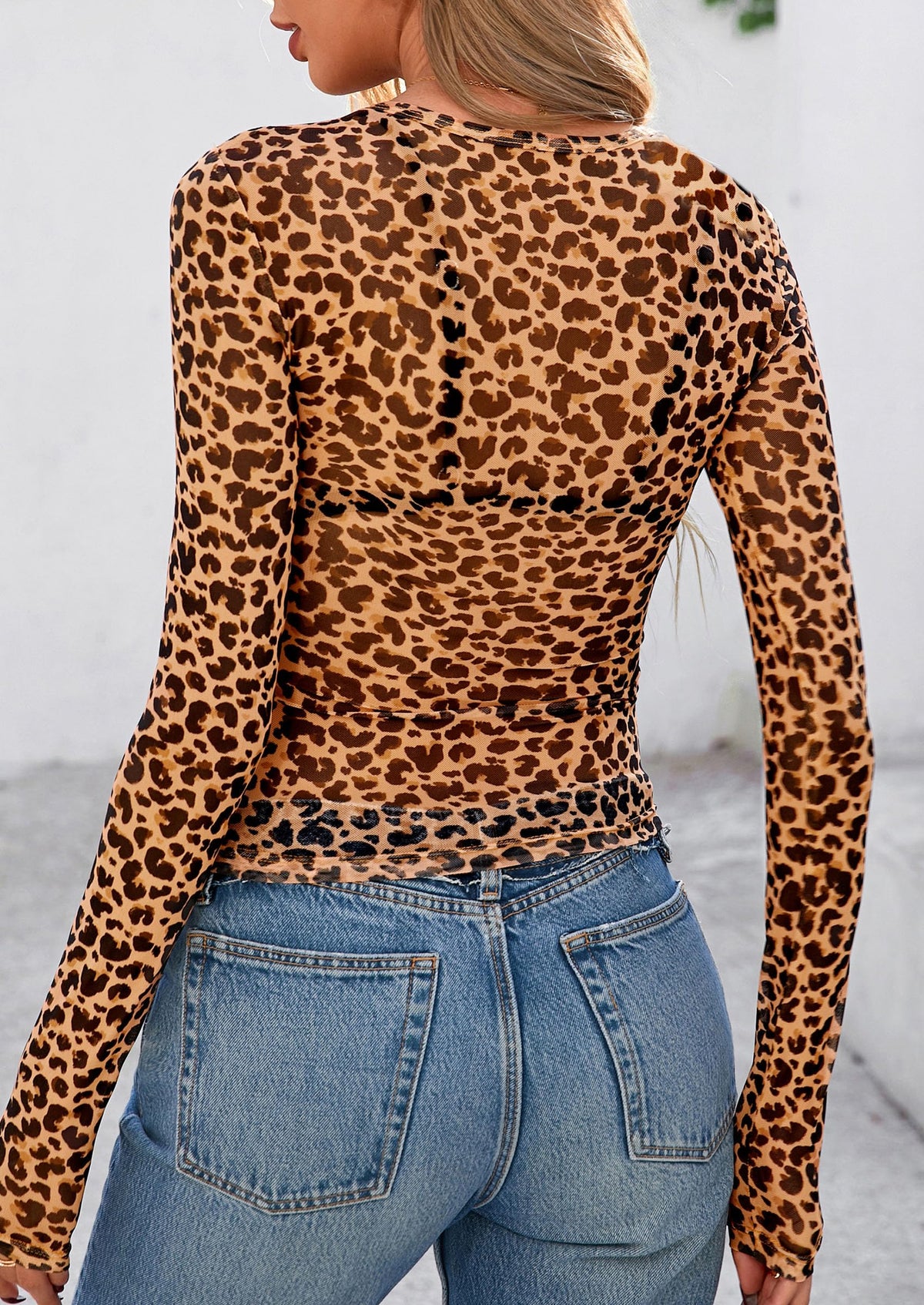 Mesh Long Sleeve Trendy Sheer Leopard Fitted Layering Blouse