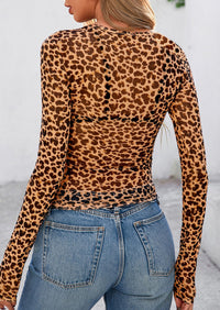 Mesh Long Sleeve Trendy Sheer Leopard Fitted Layering Blouse
