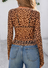 Mesh Long Sleeve Trendy Sheer Leopard Fitted Layering Blouse