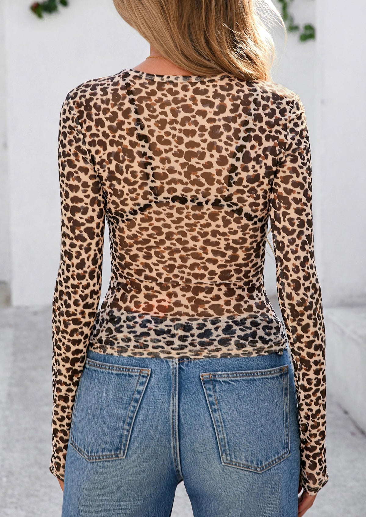 Mesh Long Sleeve Trendy Sheer Leopard Fitted Layering Blouse