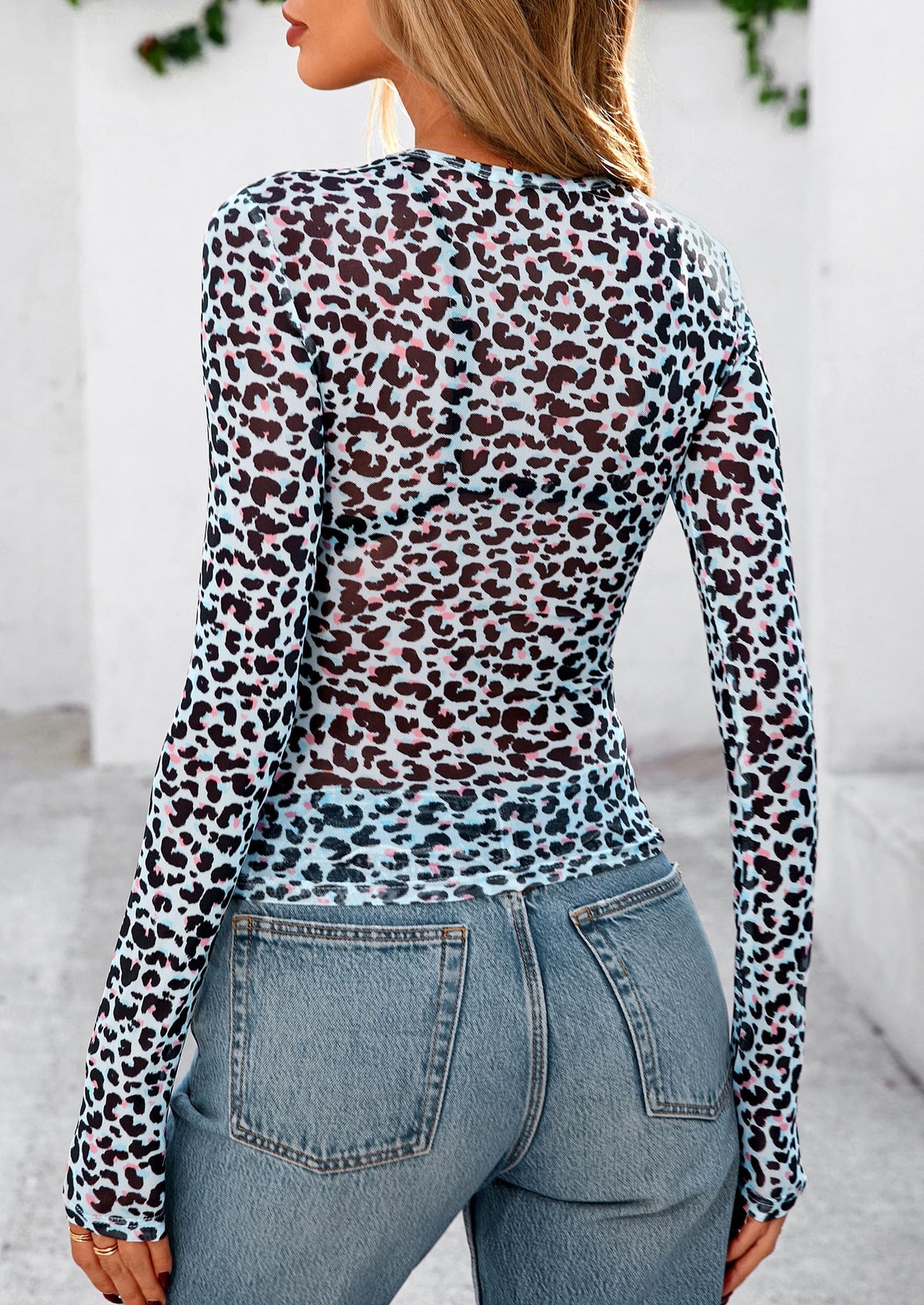 Mesh Long Sleeve Trendy Sheer Leopard Fitted Layering Blouse