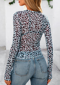 Mesh Long Sleeve Trendy Sheer Leopard Fitted Layering Blouse