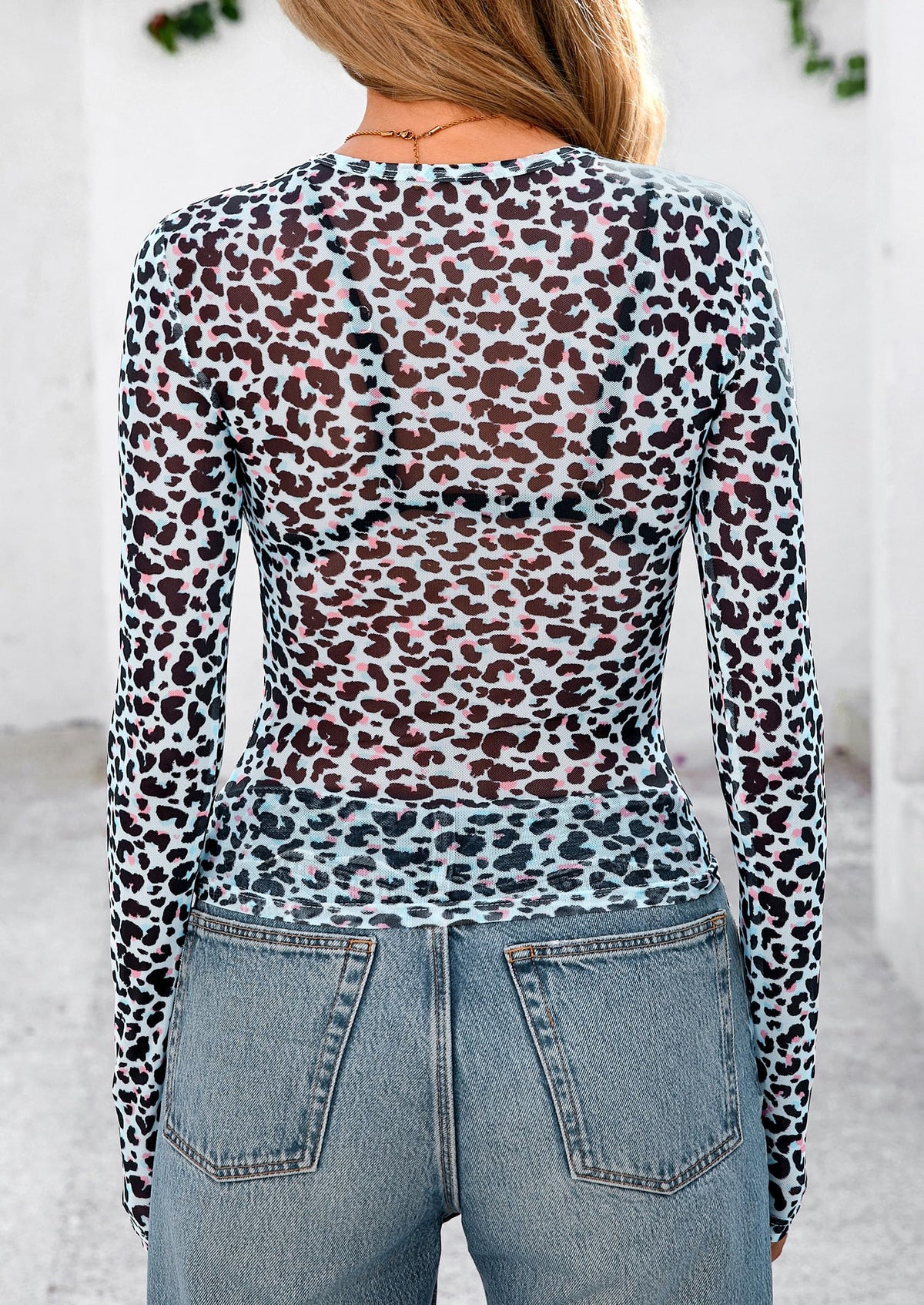 Mesh Long Sleeve Trendy Sheer Leopard Fitted Layering Blouse