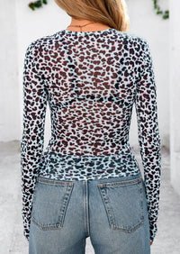Mesh Long Sleeve Trendy Sheer Leopard Fitted Layering Blouse