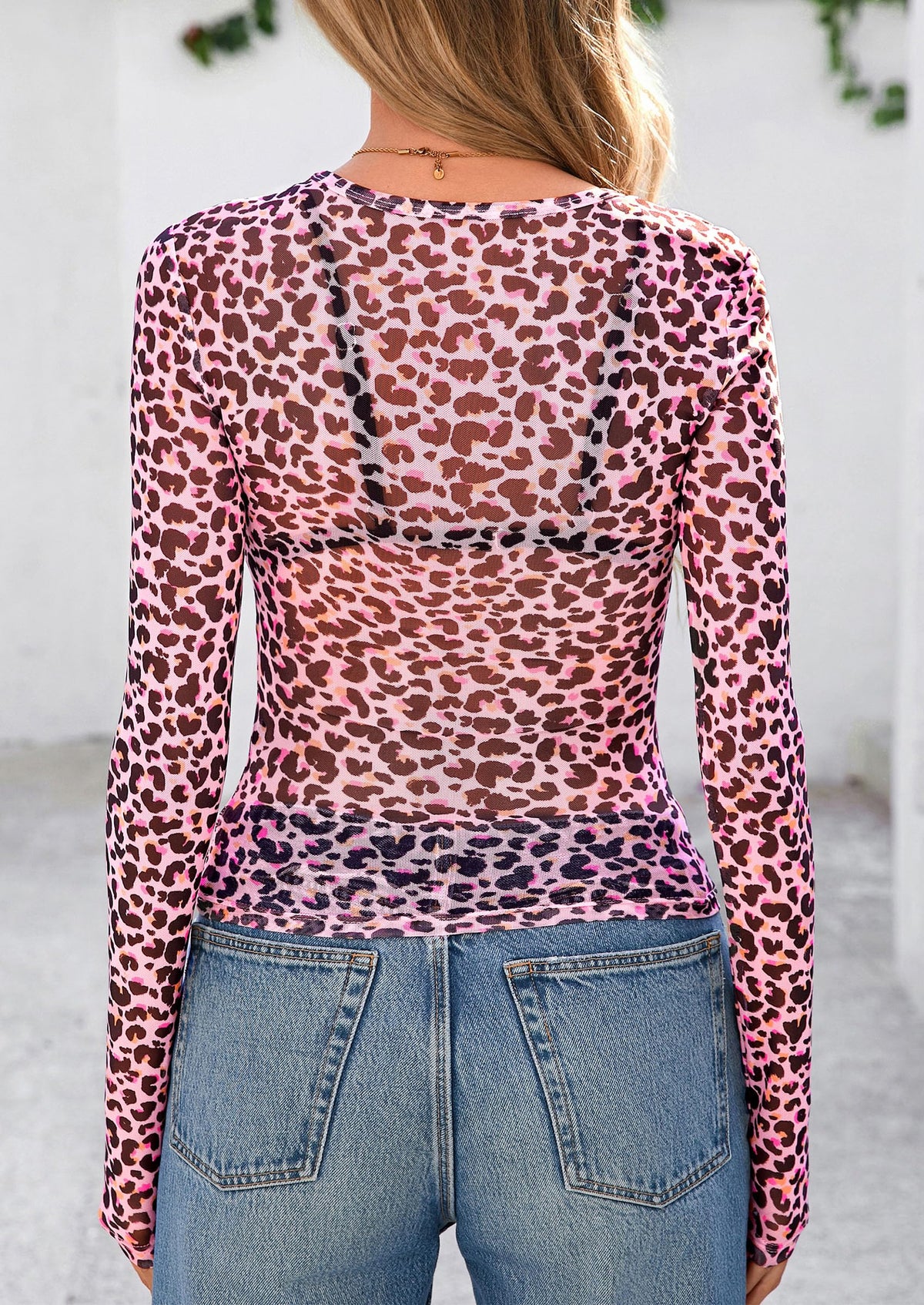 Mesh Long Sleeve Trendy Sheer Leopard Fitted Layering Blouse