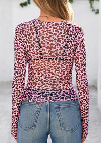 Mesh Long Sleeve Trendy Sheer Leopard Fitted Layering Blouse