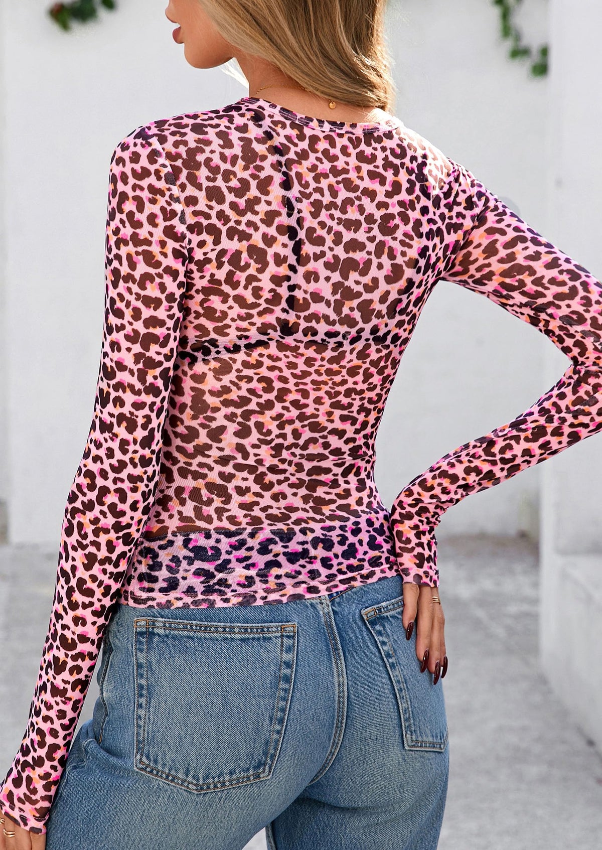 Mesh Long Sleeve Trendy Sheer Leopard Fitted Layering Blouse