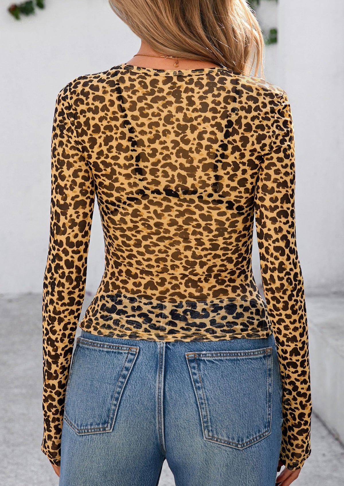 Mesh Long Sleeve Trendy Sheer Leopard Fitted Layering Blouse