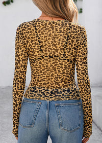 Mesh Long Sleeve Trendy Sheer Leopard Fitted Layering Blouse